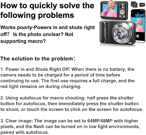 Miniatura 9 de Cámara digital 5K para fotografía, cámara WiFi con pantalla táctil de 64 MP con enfoque automático 6X óptico y zoom digital 16X, cámara de vlogging