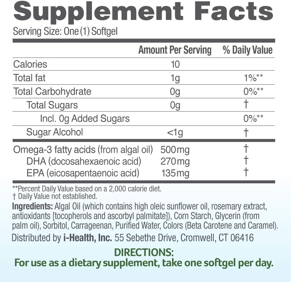 Ovega-3 Vegan Algae Omega-3 Daily Supplement, Supports Heart, Brain & Eye Health*, 500 mg Omega-3s, 135 mg EPA + 270 mg DHA, Fish Oil Alternative, No Fishy Aftertaste, Vegetarian Softgels 60 CT : Health & Household