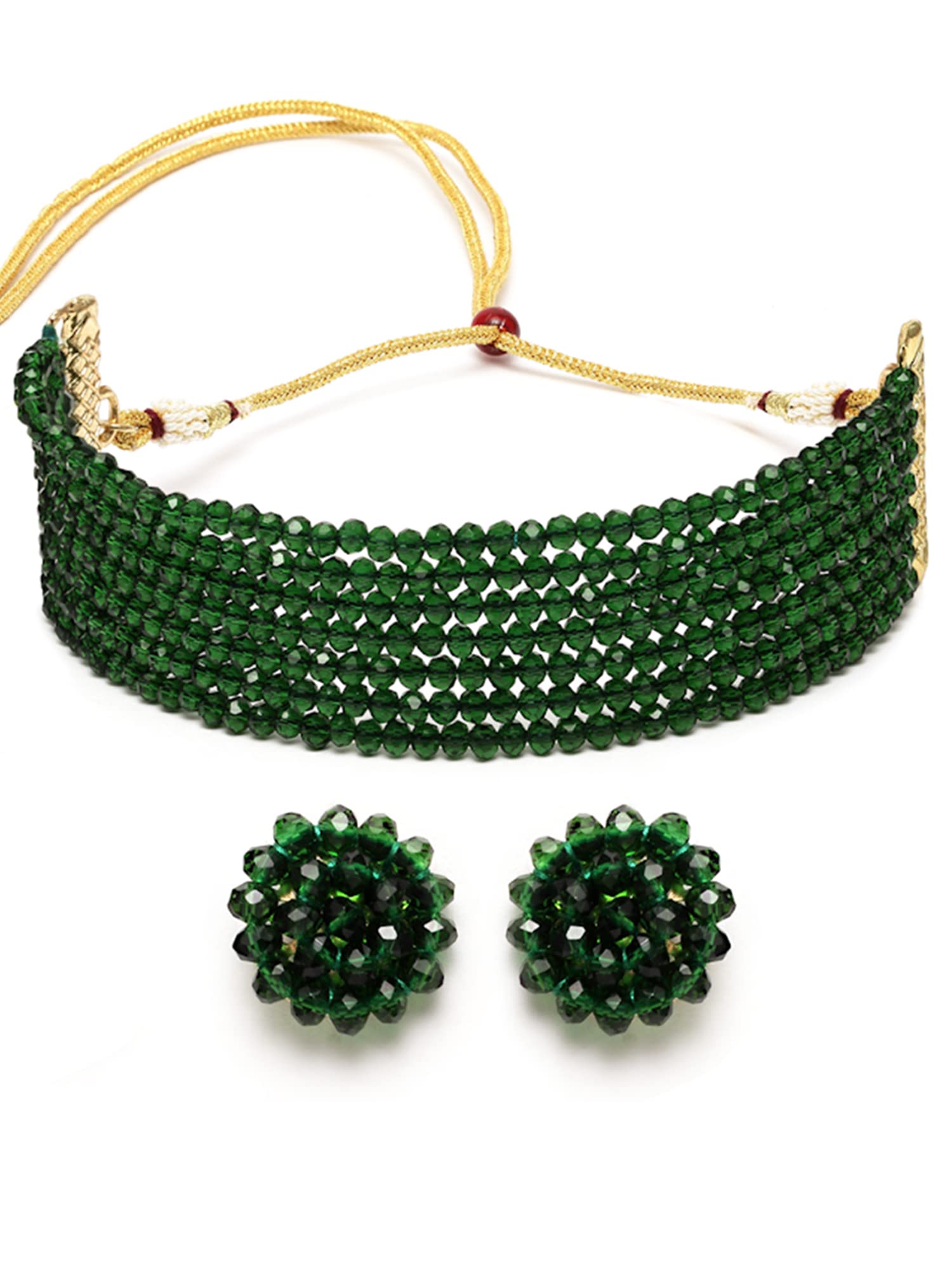 KaratcartGreen Crystal Beaded Choker Necklace Setfor Women, Free, Metal, Kundan