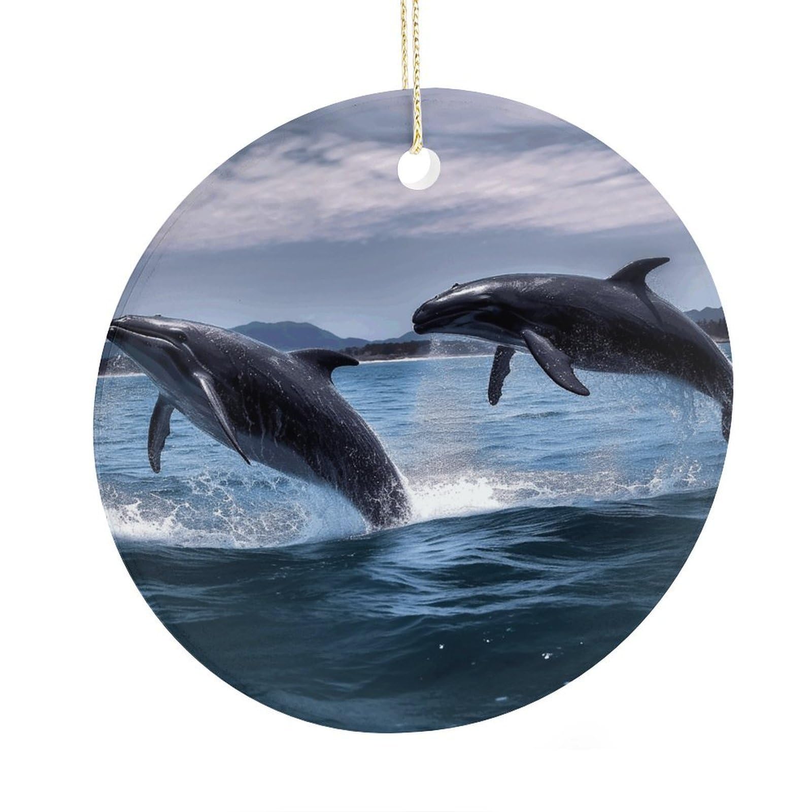 Fekiloot Style Jumping Whales Christmas Ornaments 2.9 Inch Round Ceramic Ornament Keepsake Thank You Gifts For Office, Room, Home - Holiday Present Ideas