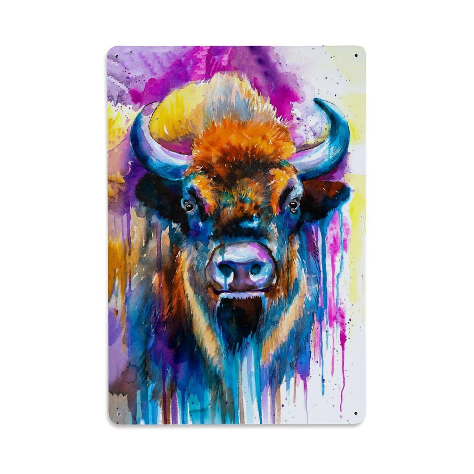 Wildlife Vintage American Bison Abstract Watercolor Animal Metal Tin Sign Plaque Wall Decor for Cafe, Man Cave, Club Bar, Office, Home Garden Round Metal Poster 8x12Inch