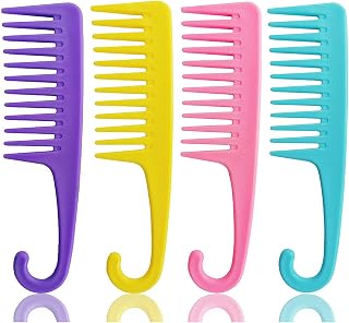 Ronchall 4-Pack Wide Tooth Detangler Combs with Hook - Wet Dry Shower Hair Combs for Women, Salon & Everyday Use