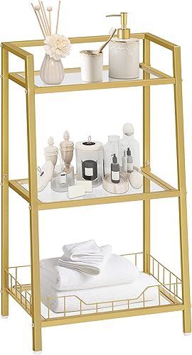 Miniatura 9 de HOOBRO Soporte de estante de vidrio dorado, unidad de estante de pie de 3 niveles, organizador y almacenamiento de baño, estantes de almacenamiento