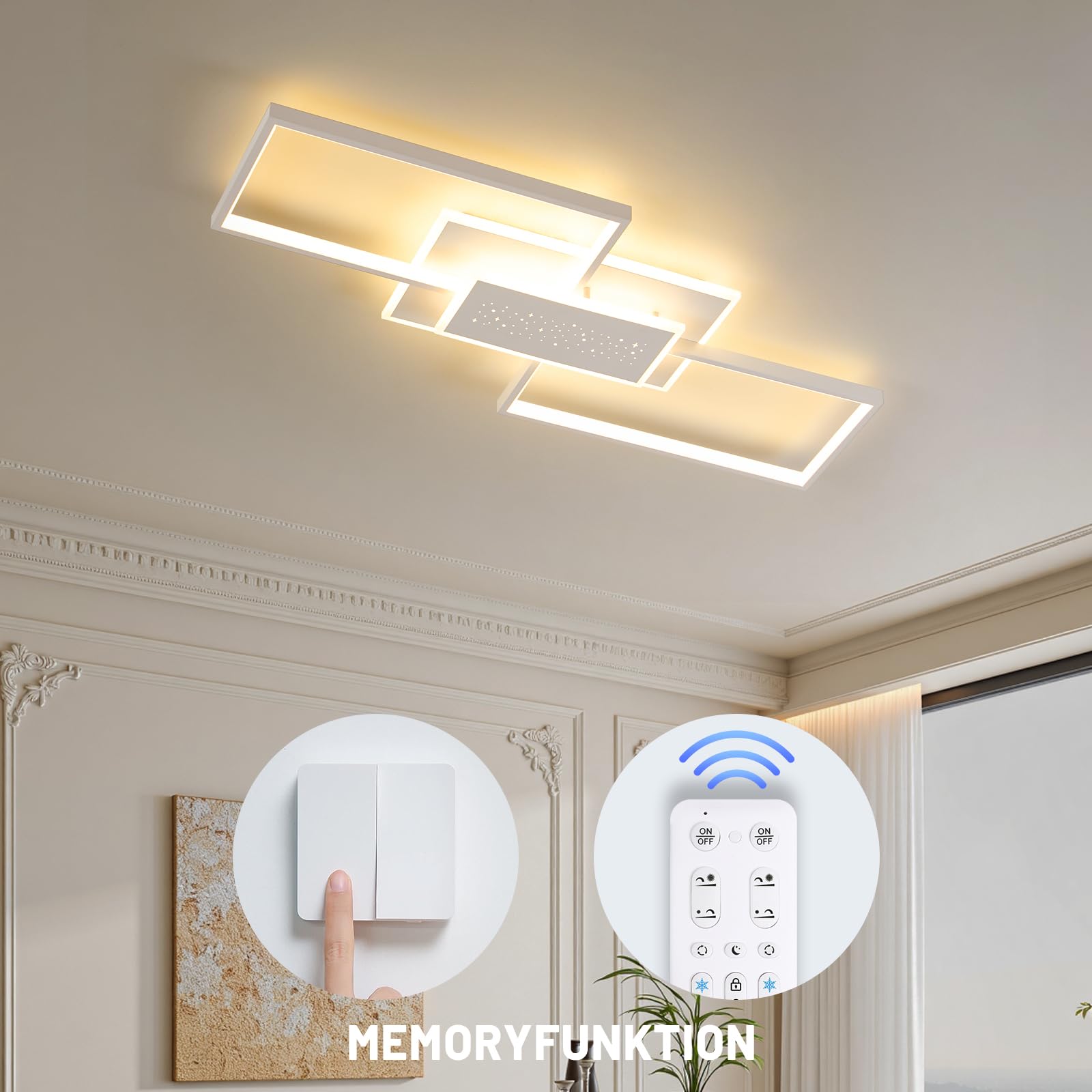 ANTENLICHT LED Deckenleuchte 80CM, 50W Deckenlampe, 3000K-6500K Dimmbar Rechteckige Wohnzimmerlampe, Mit Fernbedienung, Metall Moderne Lampe für Schlafzimmer Esszimmer