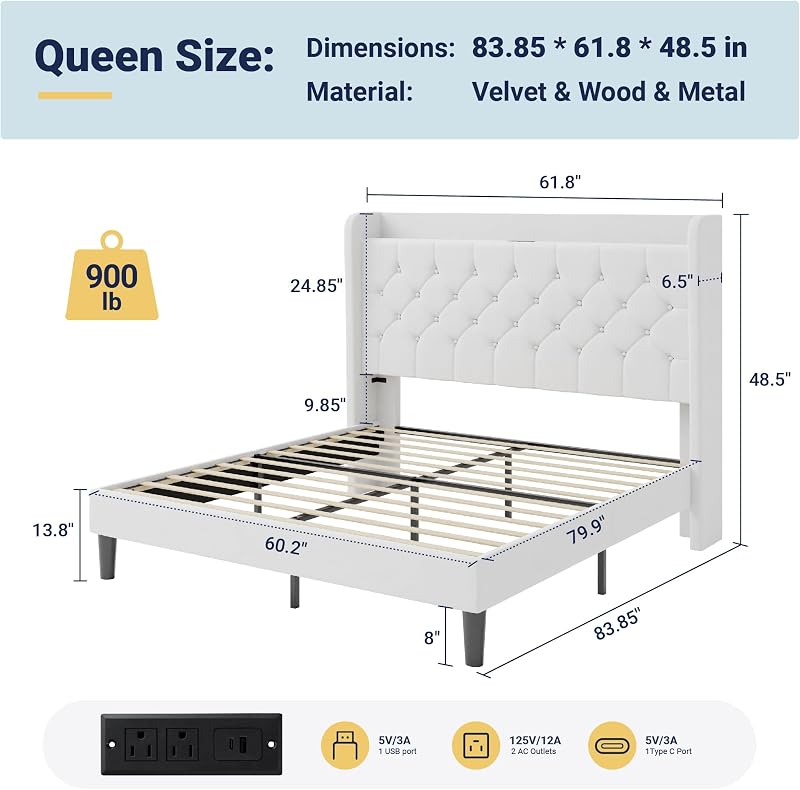Allewie Queen Bed Frame, Storage Headboard & Charging Station, White | Velvet Upholstered Platform Bed with Button Tufted Wingback Headboard, No Box Spring Needed, Noise-Free, Easy Assembly image 2