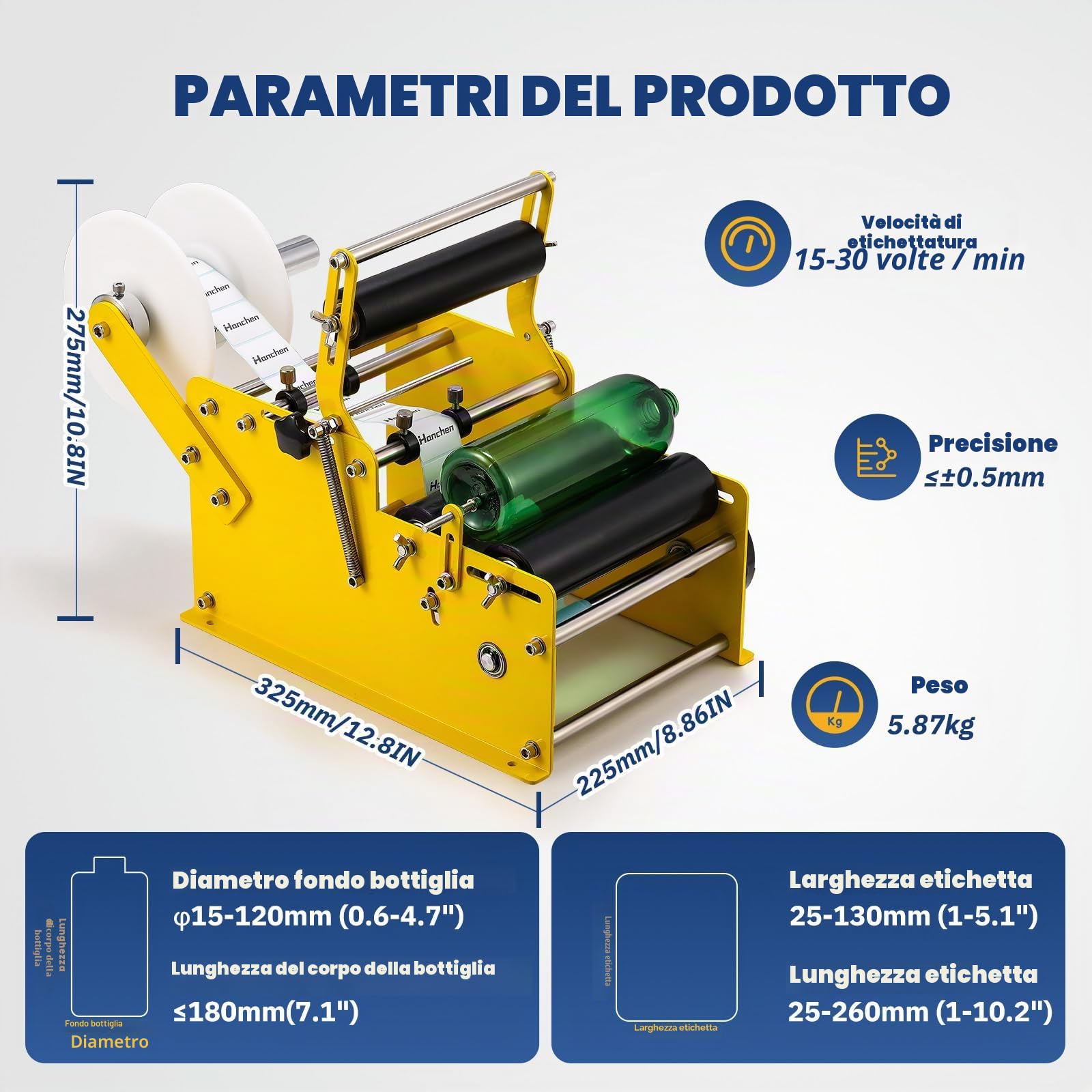 Hanchen Etichettatrice manuale per bottiglie rotonde Etichettatrice Etichettatrice Applicatore di etichette MT-30 per larghezza 10-110 mm Lunghezza Etichetta 10-300 mm (con manico)