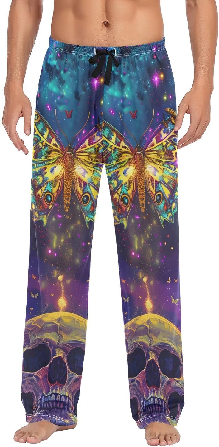 ALAZA Skull Betterfly Starry Sky Men's Sleepwear Mens Pajama Pants Bottoms with Pockets, S