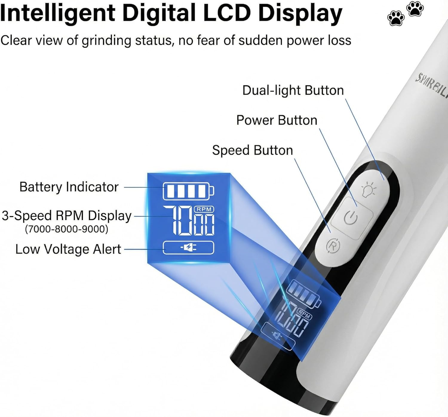 Silent Pet Nail Grinder Pro, 2025 New Dog and Cat Nail Trimmer with LED Light and 3 Speed Settings, Suitable for Thick and Long Nails(1+2*Replacement Head)
