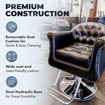 Buy-Rite Brooklyn Styling Chair for Professional Salons & Barbers - Tufted Design with 5 Removable Cushion, Brass Nailhead Trim, Chrome Hydraulic Base, Durable Frame & Rolled Arms, NIN-9905