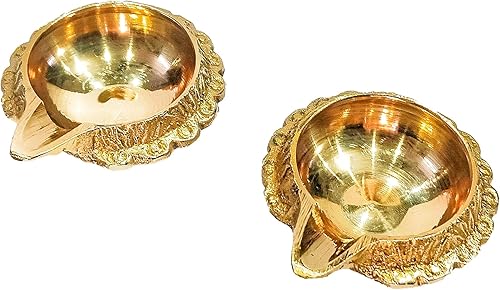 Miniatura 10 de athizay Juego de diya de latón – Paquete de 2 lámparas de aceite tradicionales indias para Pooja, Diwali y decoración espiritual Vilakku de latón