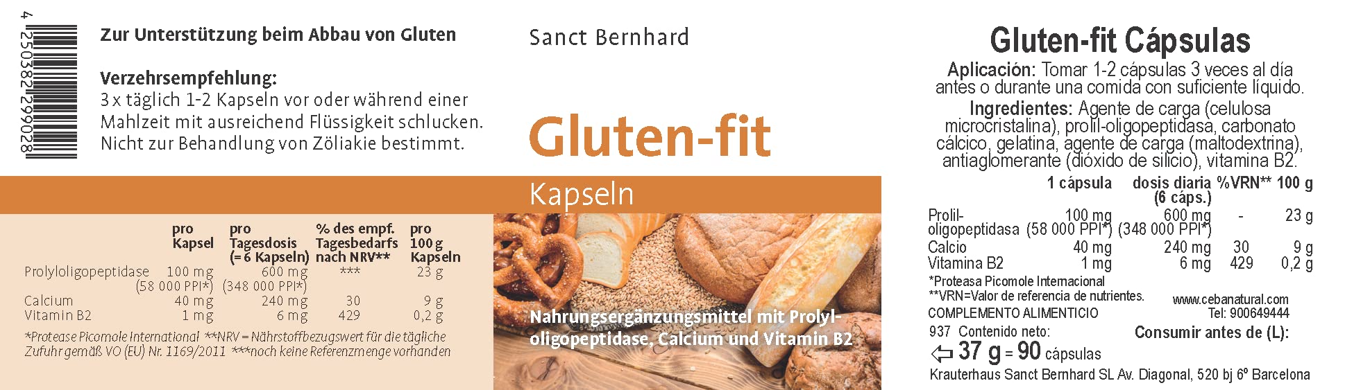 Gluten-fit Cápsulas – 90 Cápsulas | Mejor Digestión de Gluten | Con la Enzima Prolil-Oligopeptidasa| Vitamina B2 y Calcio Incluidos