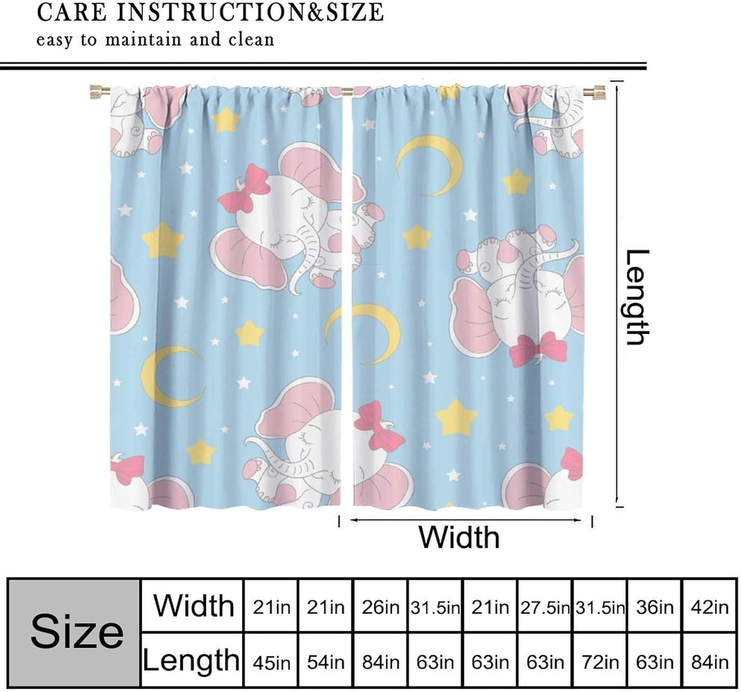 Cartoon Elephant Curtains Cute Baby Elephant Moon Pattern for Kids Room Decoration Blackout Print Rod Pocket Window Drapes for Bedroom Living Room 42x54in