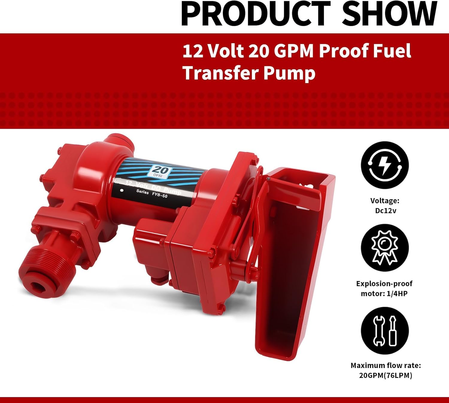 Nakkaa 12 Volt 20 GPM Explosion Proof Fuel Transfer Pump Compatible with Gasoline, Diesel, Kerosene, Mineral Oil and Similar Fuels or Oils (Package A)