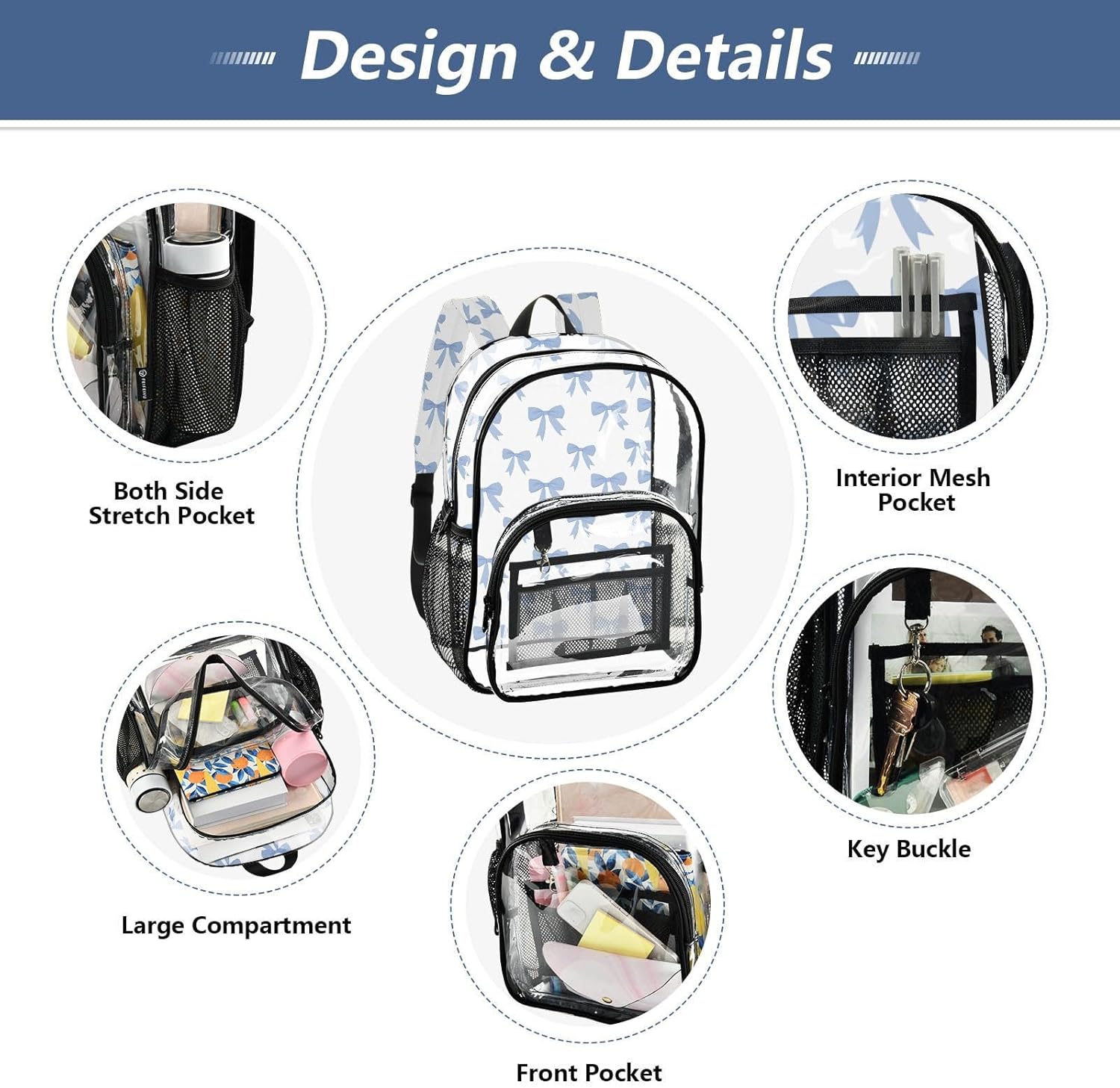 Cute Blue Bow Cartoon Clear Backpack Heavy Duty See Through Transparent PVC BookBag for Kids Boy Girl Adult School Work