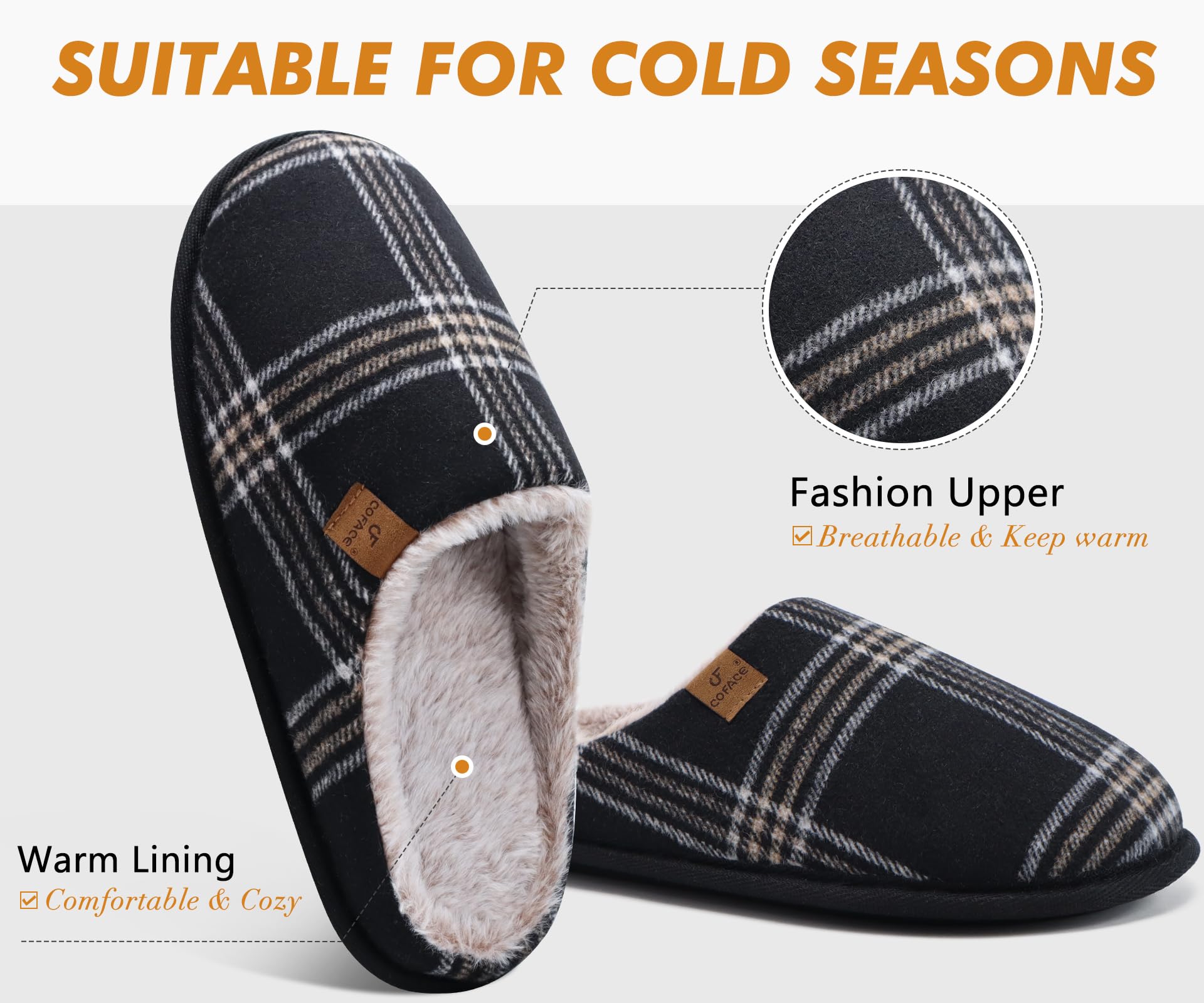 COFACE Pantofole da Uomo Invernali Plaid, Comoda Memory Foam Calde Scarpe da Casa in Lana con Suola Antiscivolo 40-49