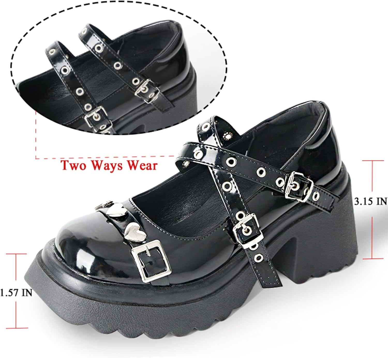 MEOTINA Platform Mary Jane Shoes Women Gothic Shoe Chunky Goth Heels with Heart Ankle Strap Black Patent Leather Pumps - Image 6