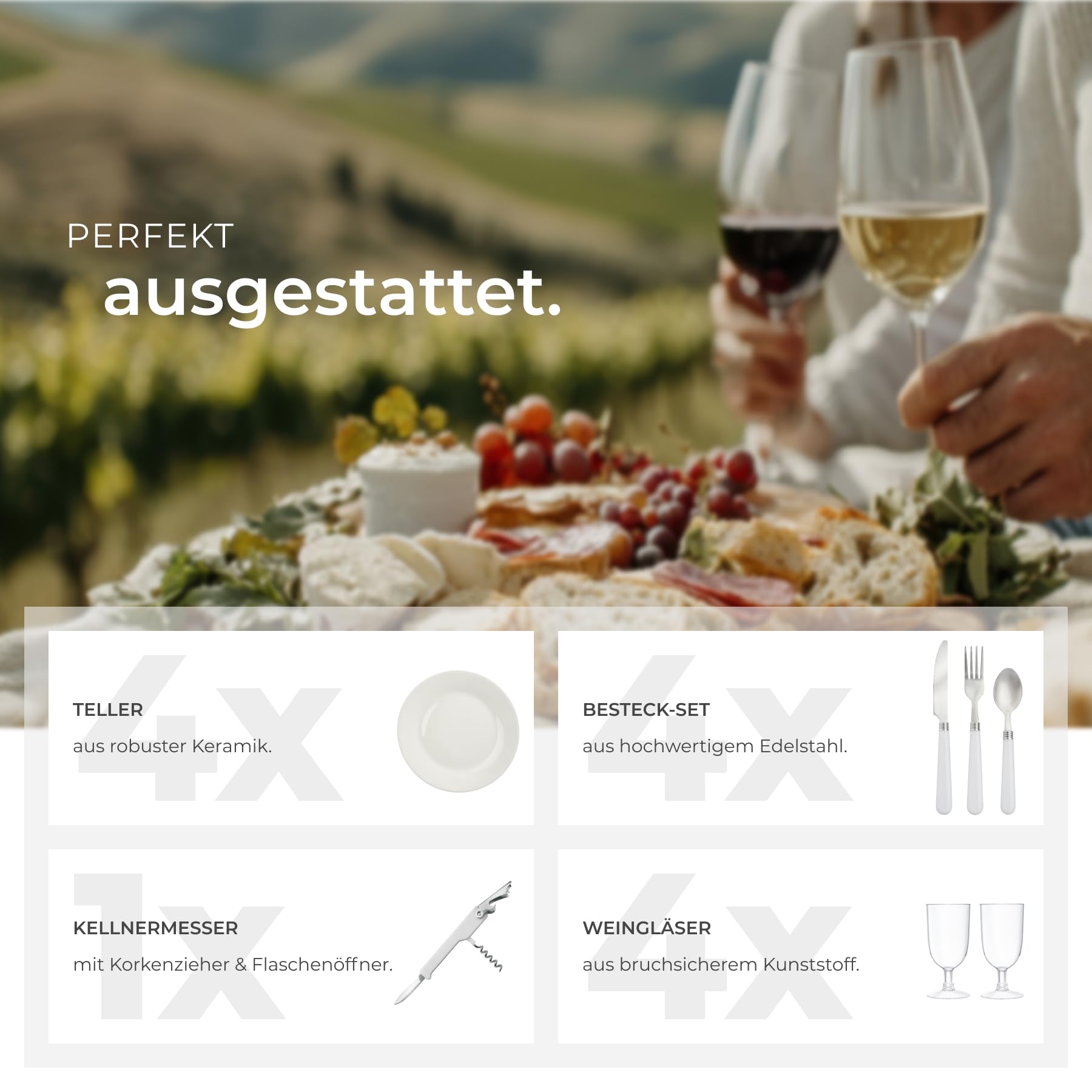 tectake® Picknickkorb 4 Personen, inkl. Kühlfach, befüllter Picnic Basket Weidenkorb für Ausflug, Camping, Dinner Date, Picknickkorb mit Deckel, als Geschenkkorb, Rotkäppchen Korb - Föhr