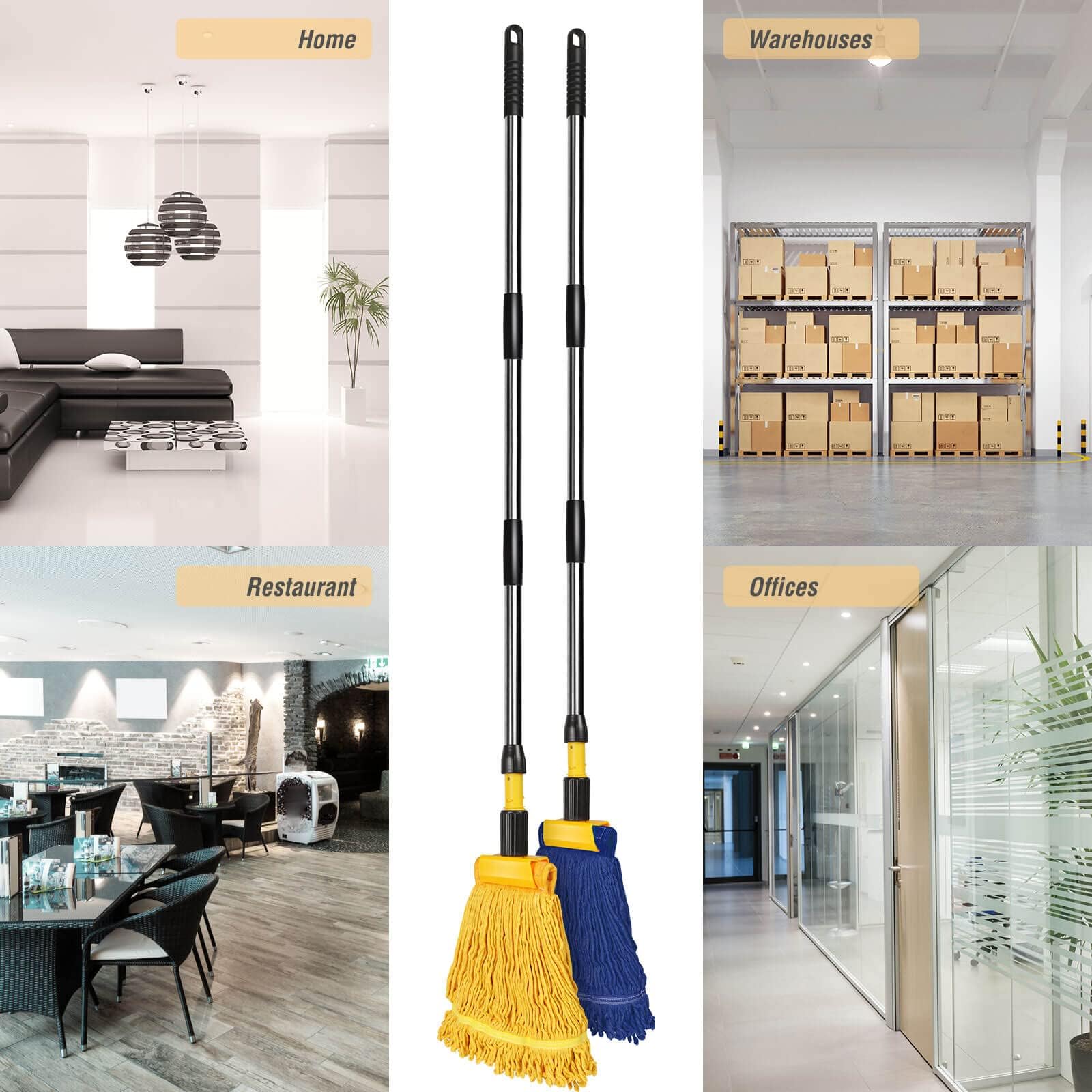 Commercial Mop, Looped-End String Industrial Mop, Heavy Duty Mops with 2 String Cotton Mop Heads for Floor Cleaning, Blue/Yellow