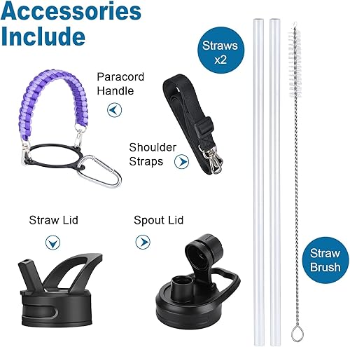 Miniatura 4 de WEREWOLVES Botella de agua aislada con asas de paracaídas, correa, tapa de popote y tapa de boquilla, botella de agua reutilizable de boca ancha al