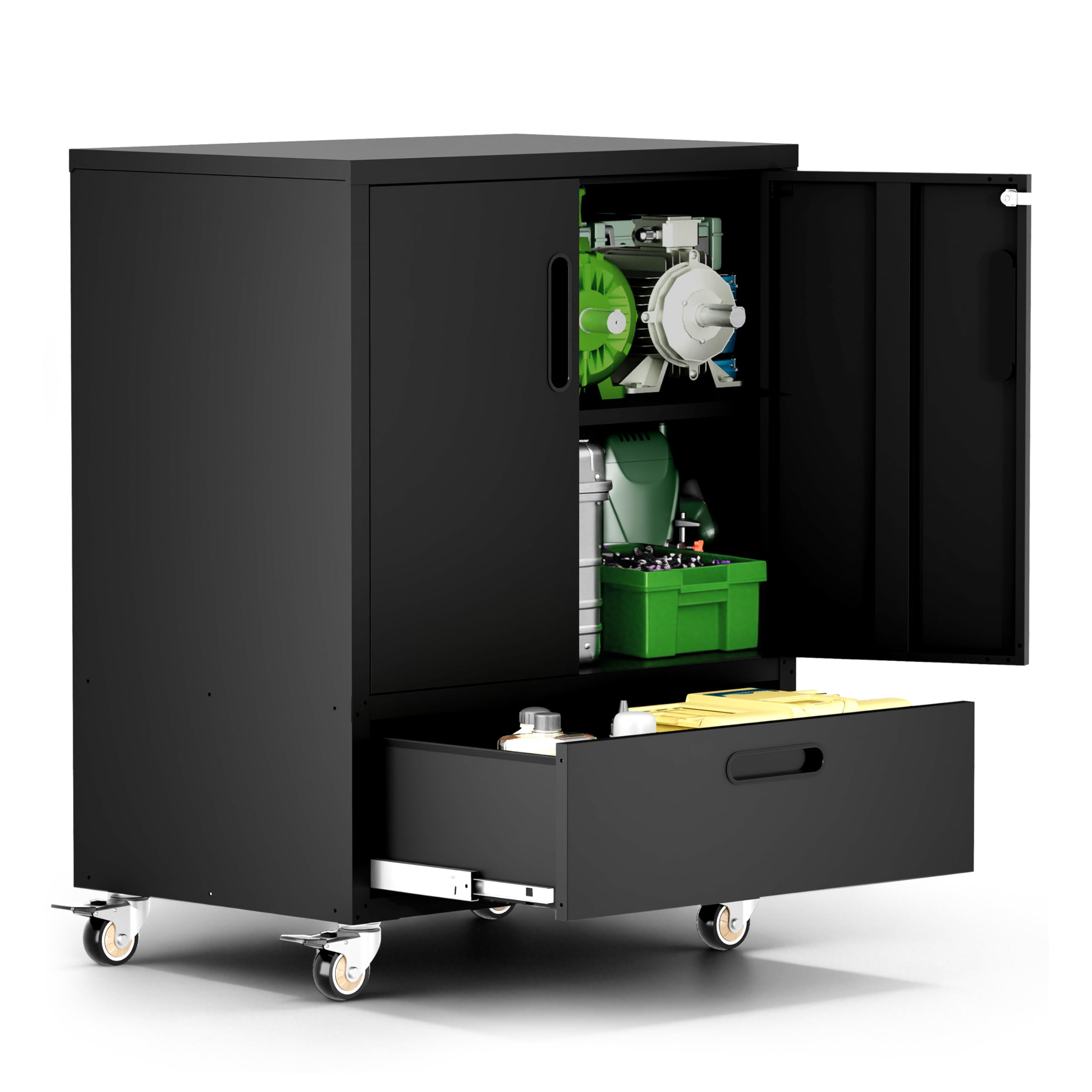 VIYET Garage Cabinets,Metal Garage Storage Cabinet with Wheels,Black Lockable Rolling Tool Cabinet with Drawer and Adjustable Shelves,Heavy Duty Tools