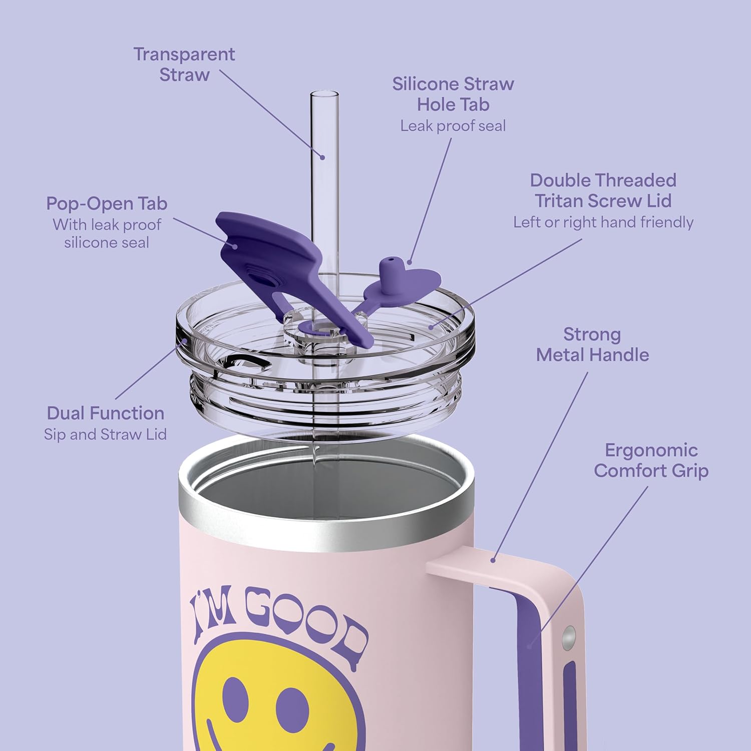 Ottle Deep Sea Diver 40 oz Insulated Tumbler with Handle and Straw Lid - Leak Proof, Cupholder Friendly Travel Mug - Stainless Steel Double Wall Water Bottle for Hot and Cold Drinks - I'm Good - Image 4