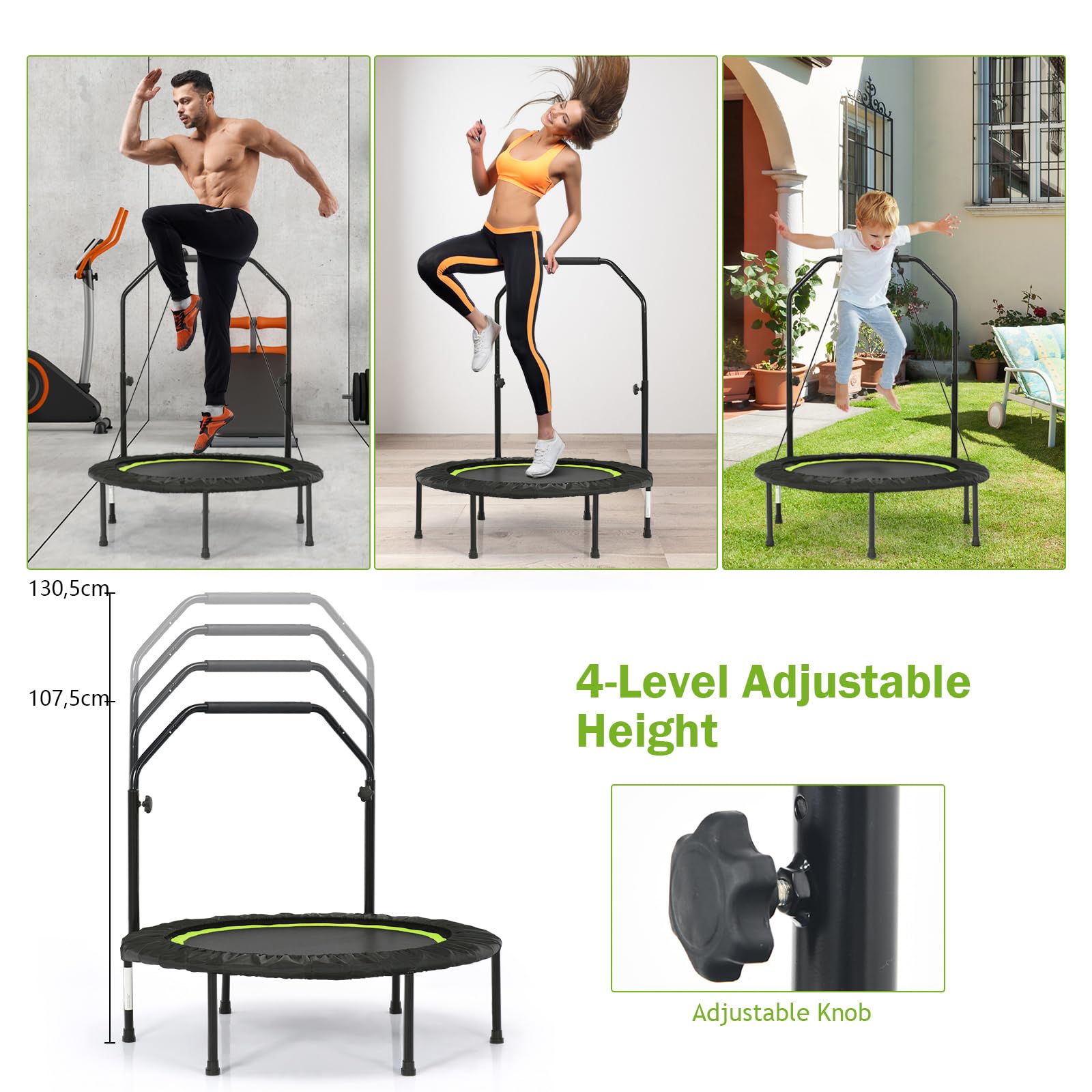 LIFEZEAL Faltbares Fitnesstrampolin Ø101cm, Springer mit Sicherheitsstange & 2 Widerstandsbänder, Trampolin für Erwachsene & Kinder mit verstellbaren Höhe, Belastung 150 kg