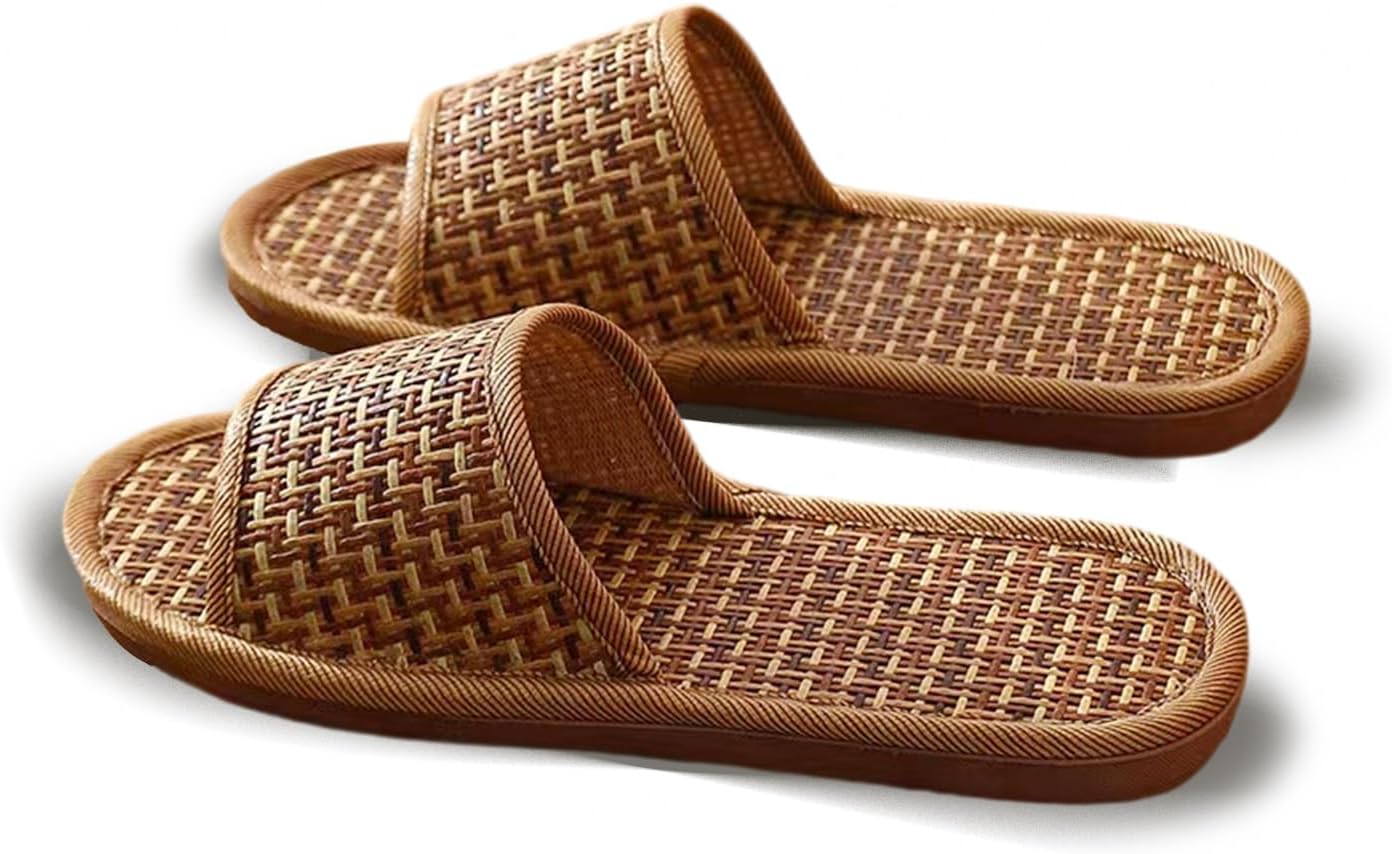 MEL JUN Grass weaving Slipper for Women Men,Soft Cozy House Slides Shoes Indoor and Outdoor Slipper,Non slip,Breathable,Anti-odor, Brown, 9.5