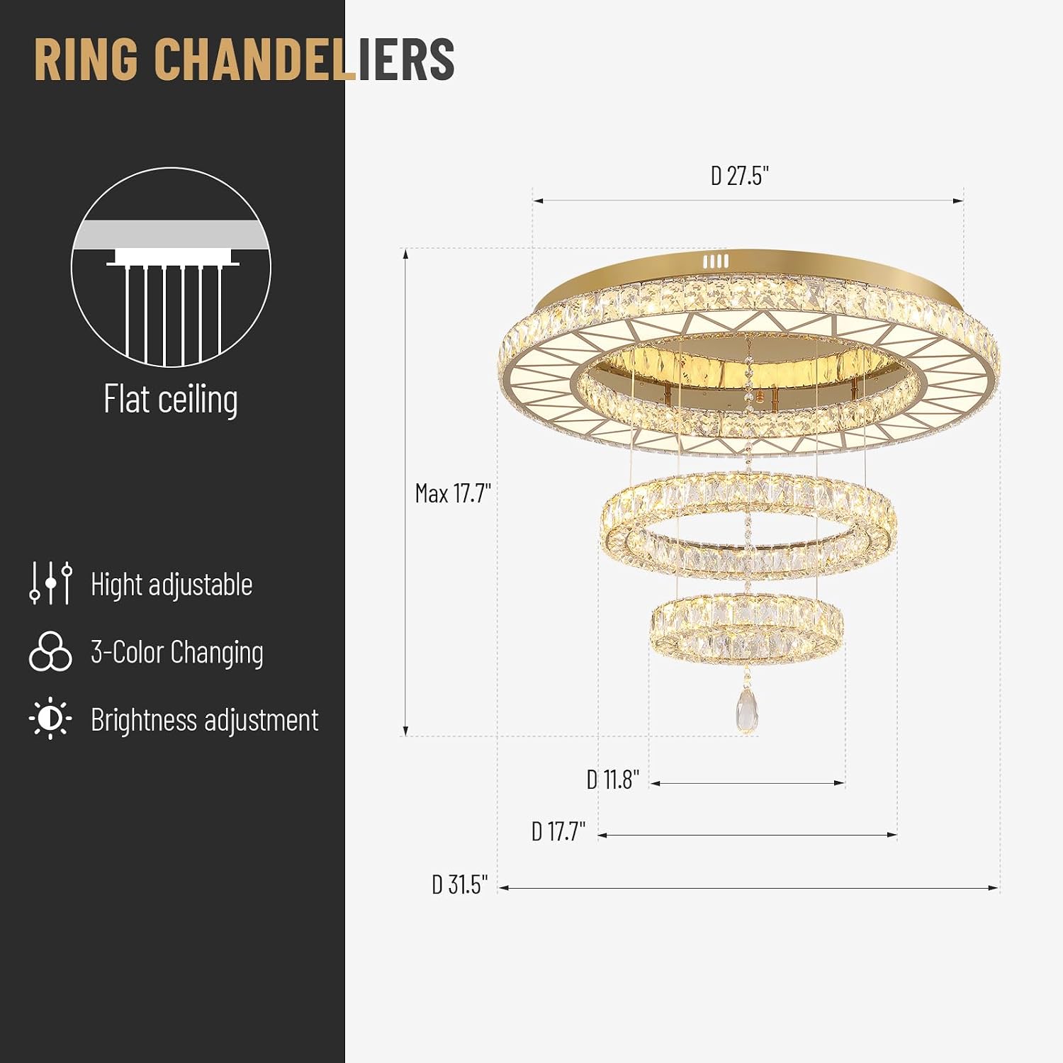 Siljoy 32" Gold Crystal Chandeliers, 3 Rings LED Flush Mount Ceiling Light, Dimmable Foyer Chandeliers for Living Room Dining Room Staircase, D12-18-32"