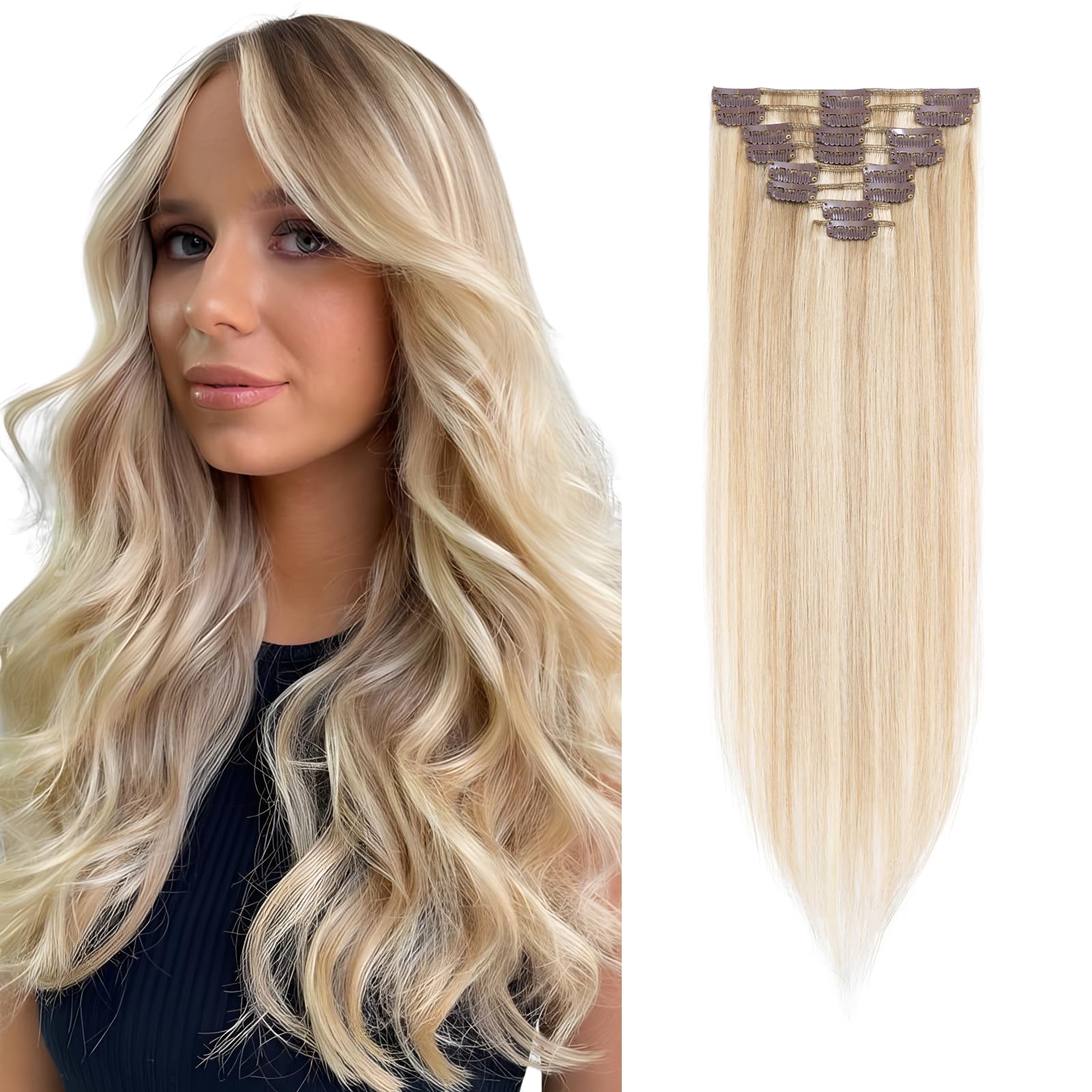 Clip in Hair Extensions #18/613 Ash Blonde mix Bleach Blonde Real Hair Extensions Clip in Human Hair Straight Remy Human Hair Seamless 8pcs 12 Inch 55g Thin Hair