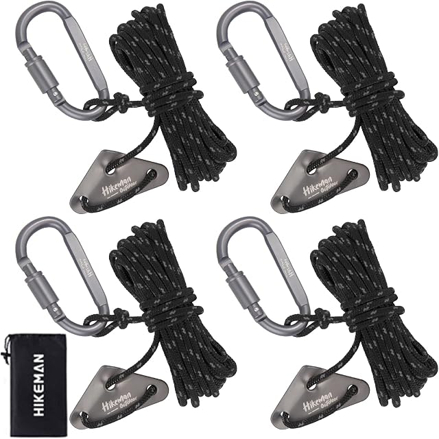 4M Reflective Tent Guy Ropes - Outdoor Tent Guide Rope with Locking Carabiner Clip,4mm 100% Nylon Cord Wind Line with Aluminum Guy Rope Tensioner for Awning Camping (Black)