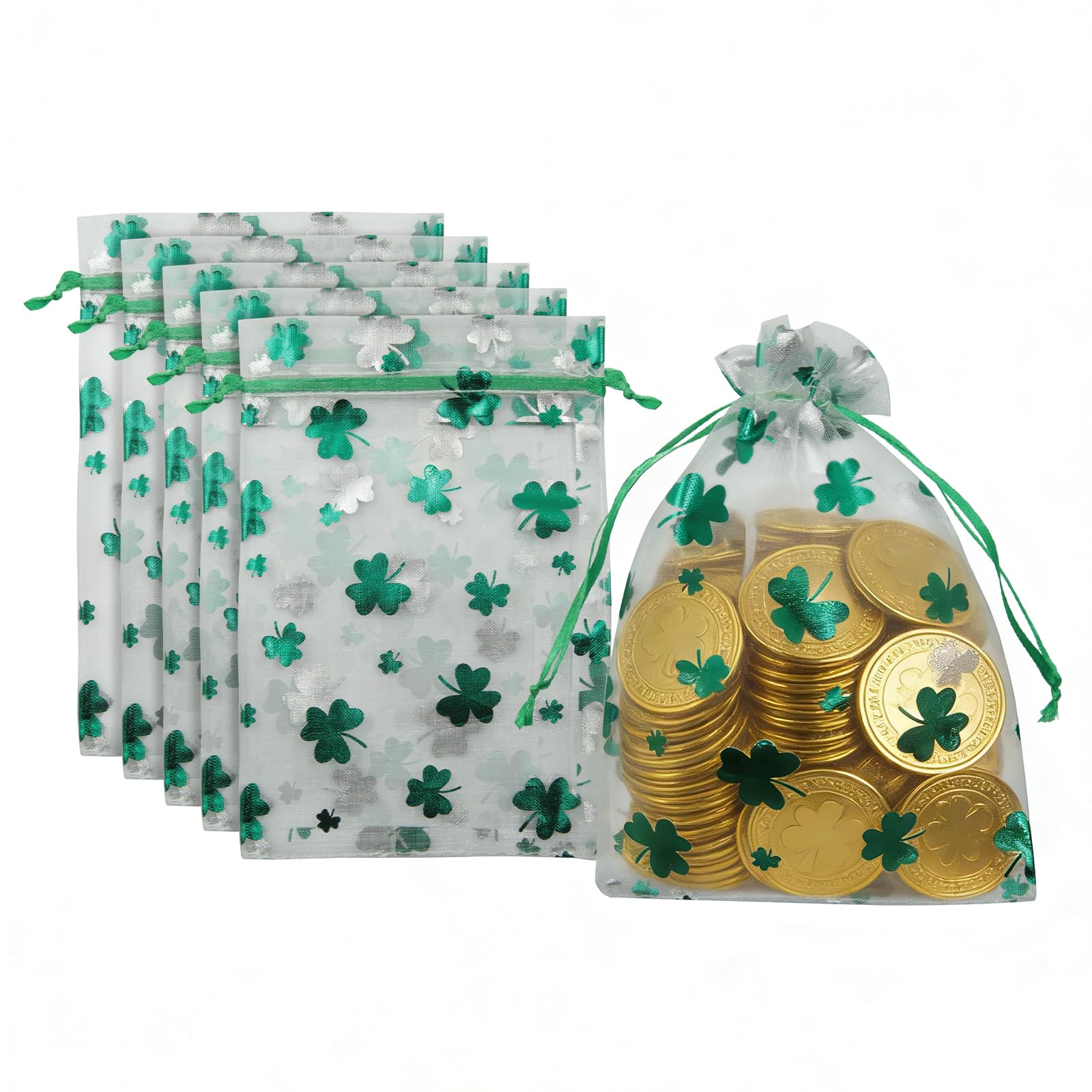 50 PCS St. Patrick's Day Gift Bags,Green Organza Bags Irish Lucky Shamrock Drawstring Candy Goodie Party Treat Bag Mesh Jewelry Coin Pouch for Irish Holiday Party Supplies,10x15cm