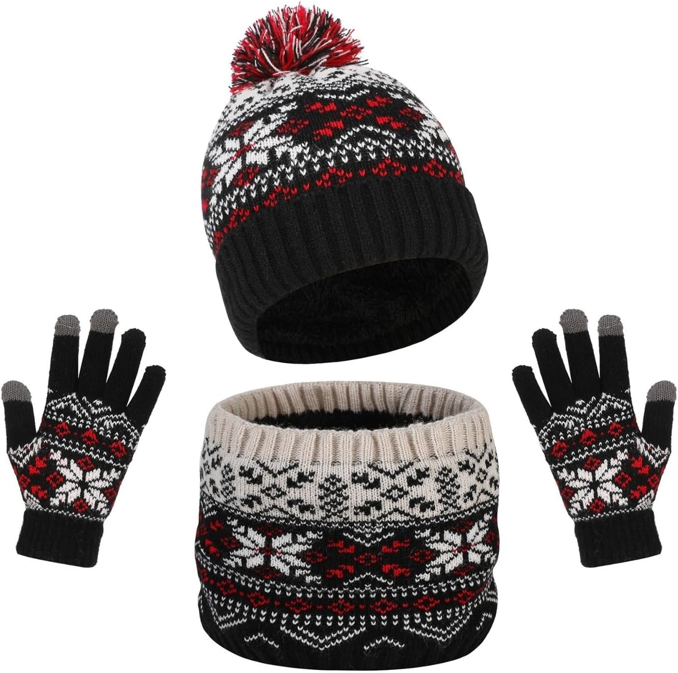 2pcs Boys and Girls Winter Beanie Hat Scarf Gloves Set 3，Thermal Knitted Snowflake Snood Scarf Gloves Set for Outdoor Sports