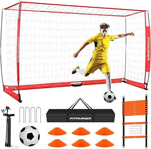 Porterías de fútbol de 12 x 6 pies para patio trasero, equipo portátil de entrenamiento de portería de fútbol, base de metal plegable con pelota de