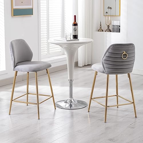 QUINJAY Juego de 2 taburetes de bar modernos de terciopelo dorado de 26 pulgadas taburetes de bar tapizados con reposapiés y respaldo taburetes de