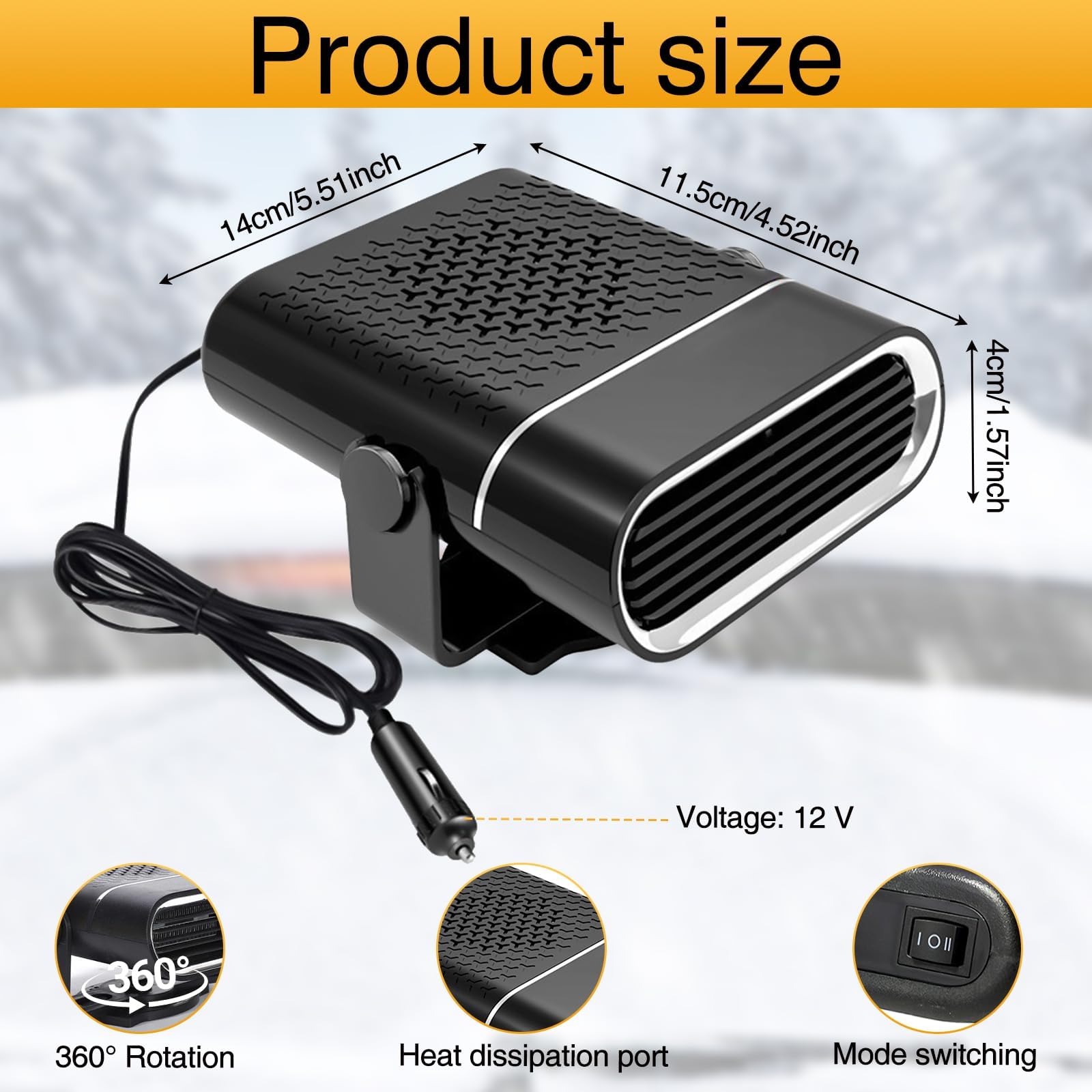 Chauffage de voiture, 150 W, 12 V, portable, rotatif à 360 °, chauffage soufflant de voiture, 2 en 1, chauffage, dégivrage et désembuage, pour camping-car, camion, voiture 12 V