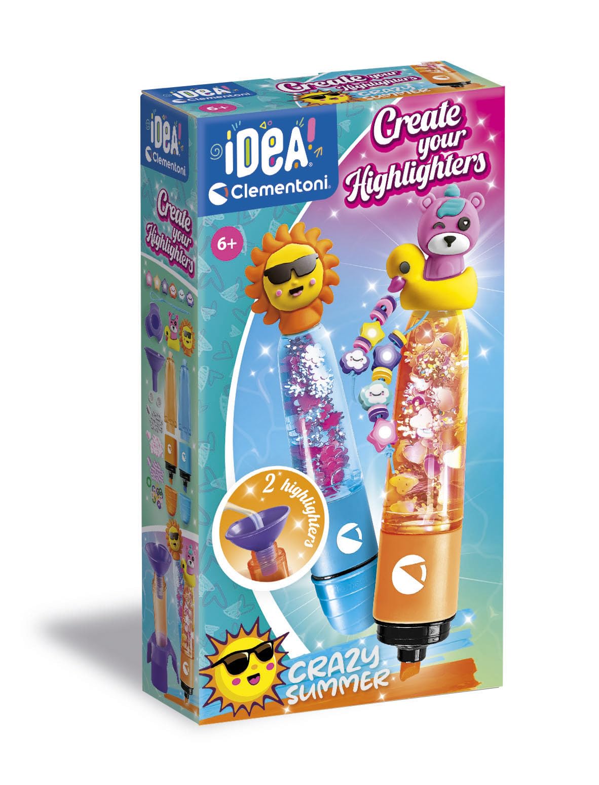 Clementoni Idea - Create Your Highlighters: Crazy Summer, Laboratorio degli Evidenziatori Personalizzati, Kit Creativo per Bambini 6+ Anni, con 3 Evidenziatori Personalizzabili con Accessori, 18130