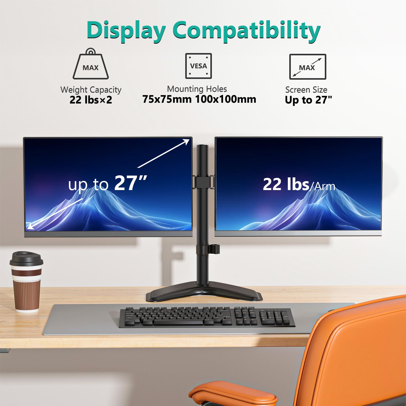 WALI, Doppio supporto da scrivania completamente regolabile per 2 monitor LCD fino a 27", 10 kg di capacità di carico per braccio, con base con occhiello (MF002), nero