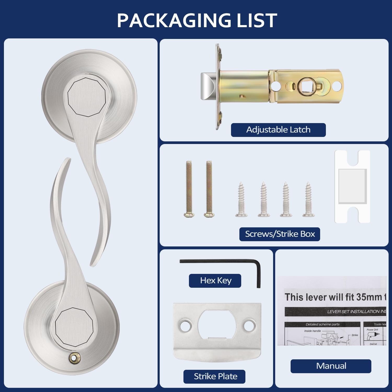 Hallway Closets Interior Door Knobs Lever Unlocking No Keys Passage Door Handles Brushed Nickel Finish-Wave Style Drop Door Levers Contemporary Satin Nickel Durable Door Hardware-2 Pack