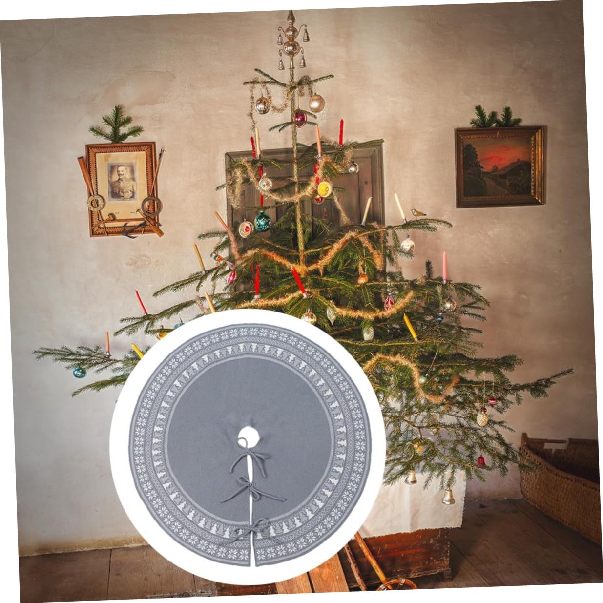 VICASKY Jupe de Sapin de Noël Tricotée 92 CM Jupe Inférieure en Laine Violet-Gris Décoration Festive Flocons Tapis Douillet pour Ambiance Noël Double Usage et Châle