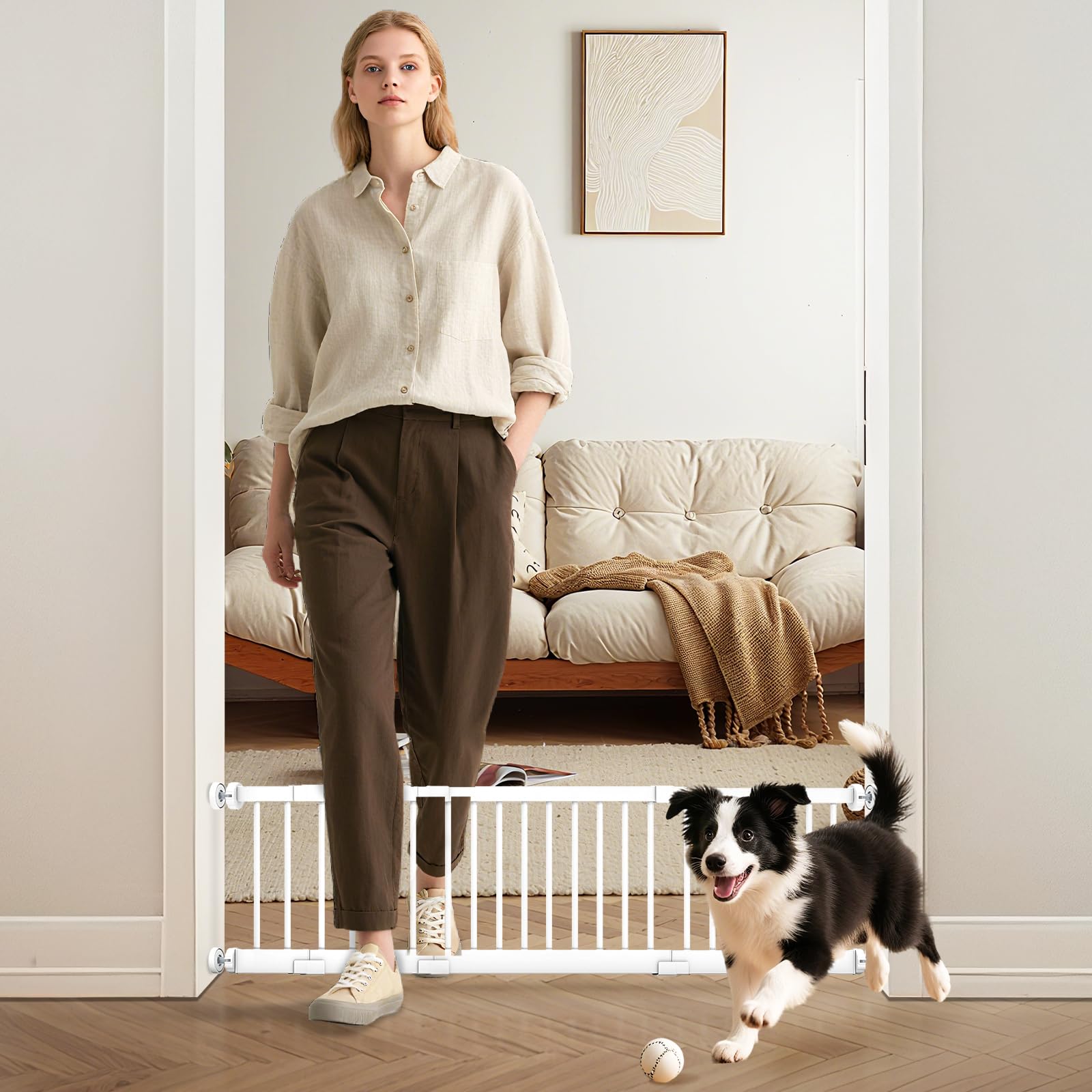 metal short dog gate, 13'' tall puppy small pet gate to step over, 17"- 44" pressure mount indoor outdoor dog gates with 4 extension kits, small puppy gate for doorways & stairs