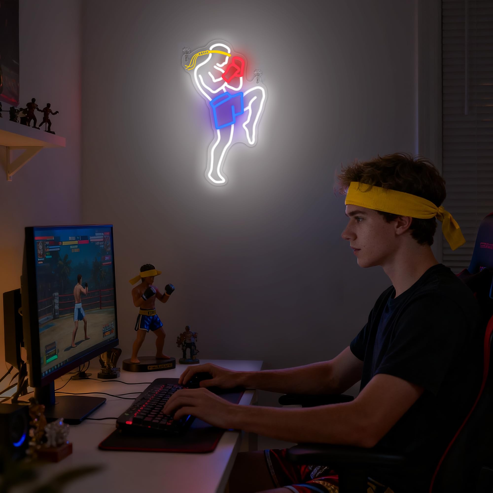 OkiyiD Insegna al neon Muay Thai per uomini, arti marziali, decorazione da parete a tema sport di combattimento, decorazione per stanza con alimentazione USB e catena da appendere, regalo ideale per