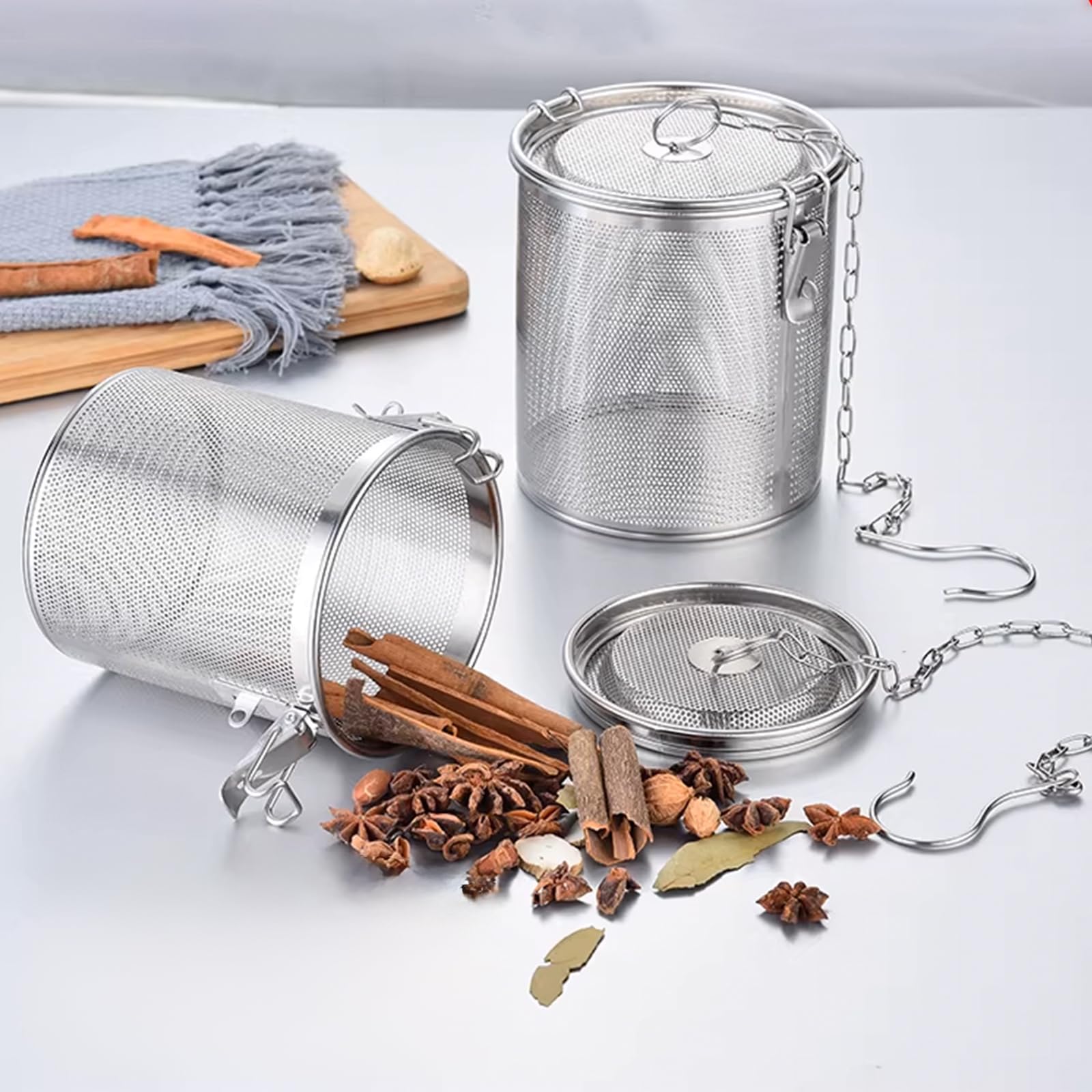 Bola de especias para cocinar, colador de condimentos, infusor de té de acero inoxidable 304, filtro de malla para hojas sueltas, sopa de té, gran capacidad y gancho de cadena extendido (16 x 16 x 16