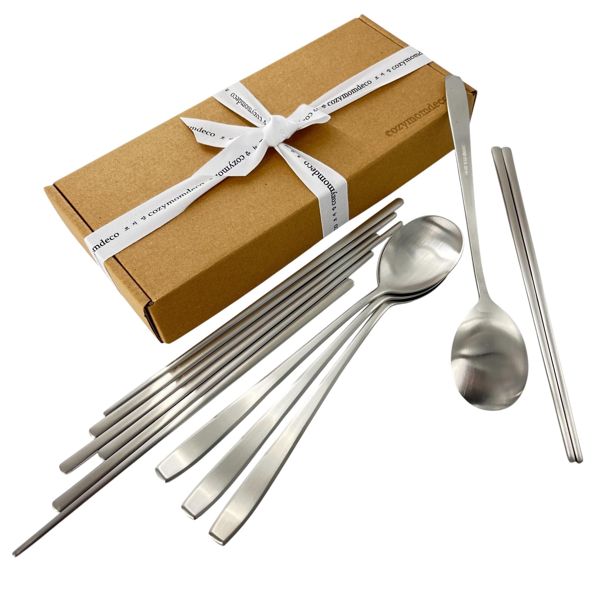 Korean Made Stainless Steel Silver Utensil Flatware Cutlery Korean Chopsticks and Spoons 4SET Gift for Mom, Stocking Stuffer