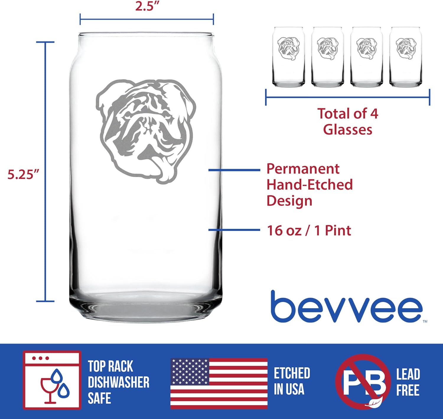 English Bulldog - Beer Can Pint Glass Gifts for Men & Women - Set of 4 - Fun Unique Bulldogs Decor