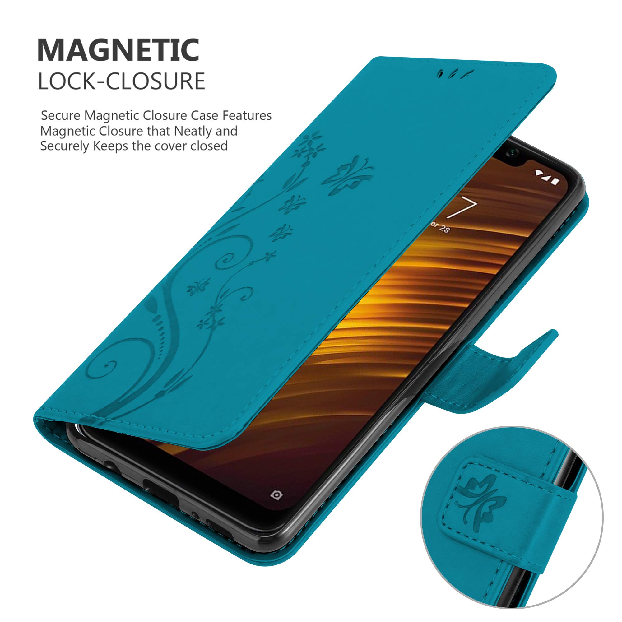 Cadorabo Custodia Libro Per Xiaomi Pocophone F1 Con Fiori Blu | Cover Portafoglio Con 3 Slot Carte E Supporto Magnetico