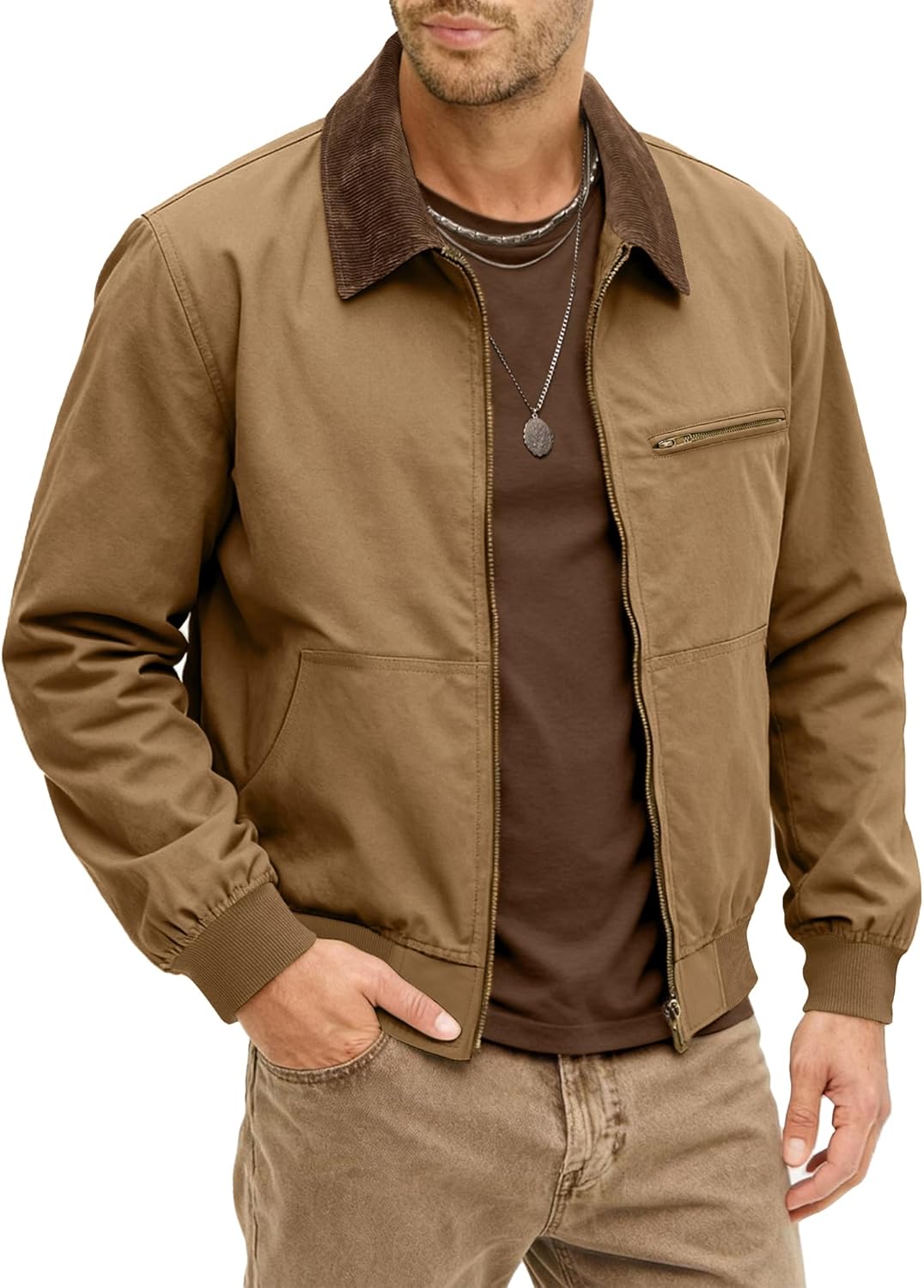 HOTake Men's Bomber Jacket Cotton Lightweight Casual Jacket with Corduroy Collar