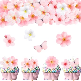 ENLACE Pack of 85 Edible Flowers for Cake Pink Cake Decoration Flowers and Butterflies Edible Birthday Cake Decoration Blossoms Cupcake Topper Muffin Decoration for Wedding Christening