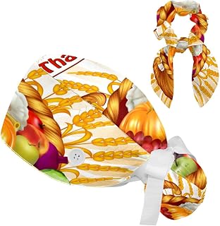 FVQL Set of 2 Bouffant Caps with Hairband Surgical Caps Scrub Cap, Autumn Pattern Thanksgiving Day