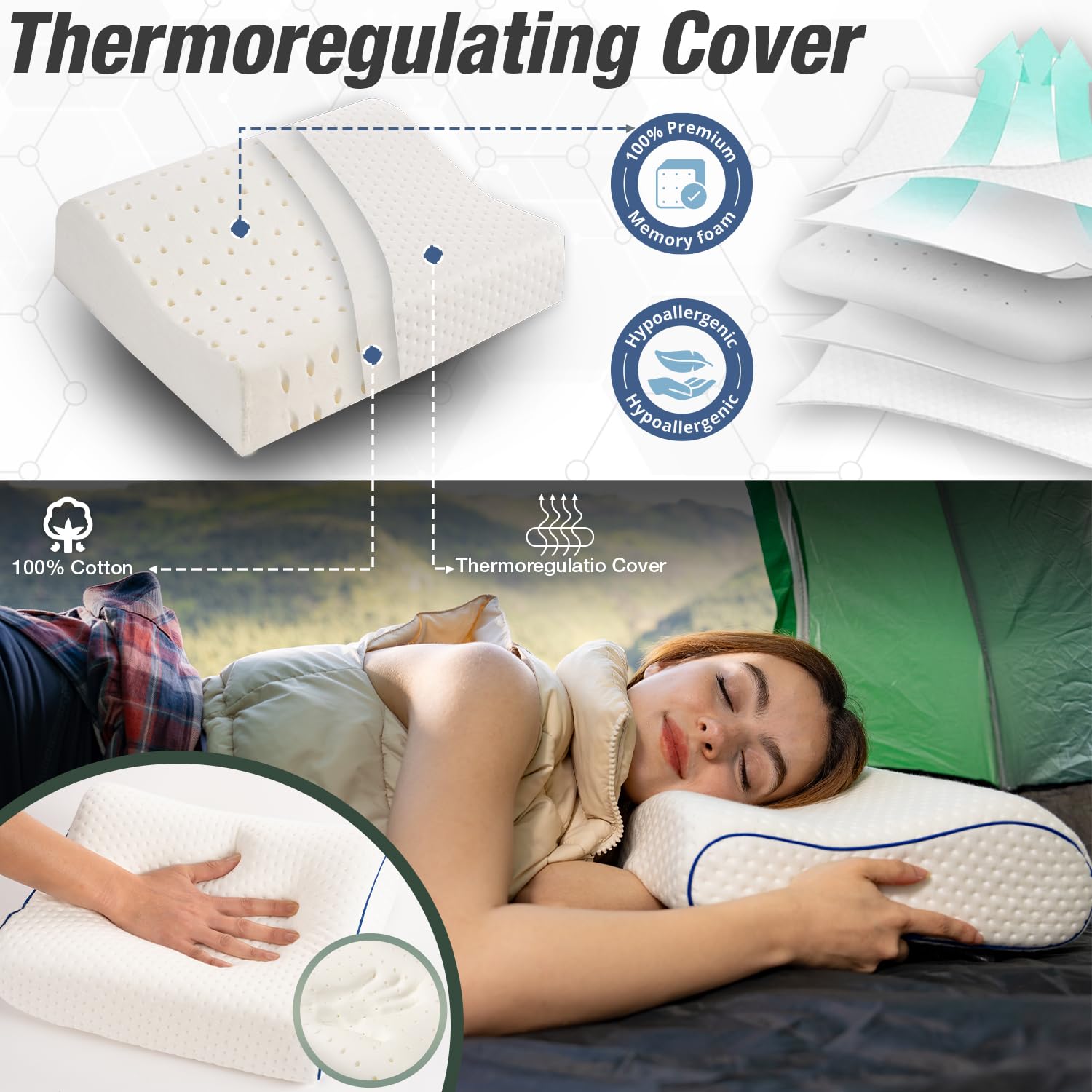 Cómoda almohada de espuma viscoelástica para viajes y camping, bolsa portátil fácil de llevar, funda de almohada reguladora de temperatura, perfecta para viajar (contorno blanco)