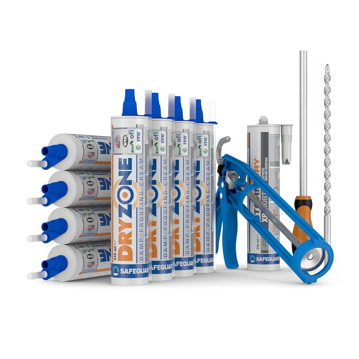 Dryzone Kit Anti Remontées Capillaires 12 m – 8 x 310ml Crème Injection Murale – Barrière Étanchéité Murs – Foret 12mm, Pistolet & Accessoires